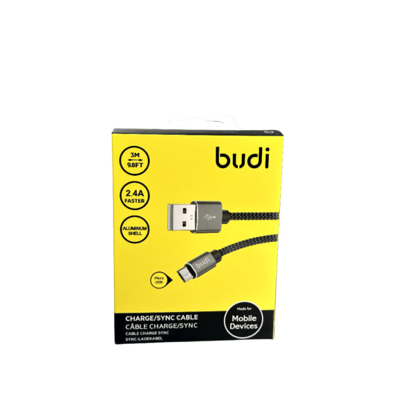 Budi tech micro USB Box standing in the center of the image against a white background.
