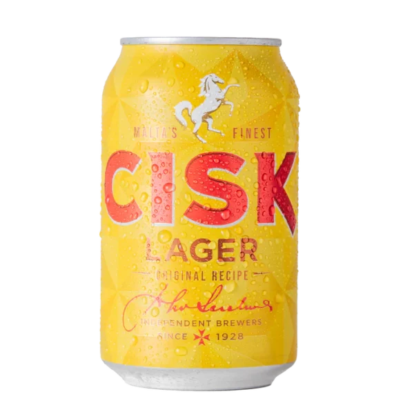Cisk Lager Beer 330ml Can standing against transparent background.