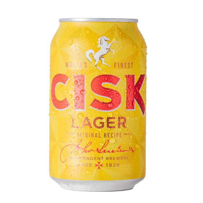 Cisk Lager Beer 330ml Can standing against transparent background.