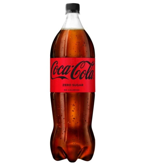 Coca Cola Zero 1.5L Bottle standing in the center of the image against white background.