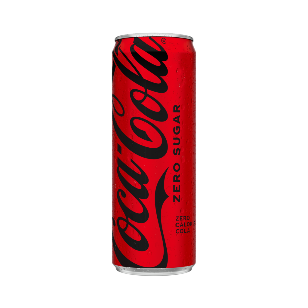coca cola zero 330ml can standing against transparent background