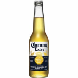 Corona Extra beer 335ml Bottle standing against white background.