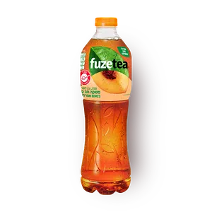 Fuzetea Peach 1.5L bottle standing in the center of the image completely transparent background.