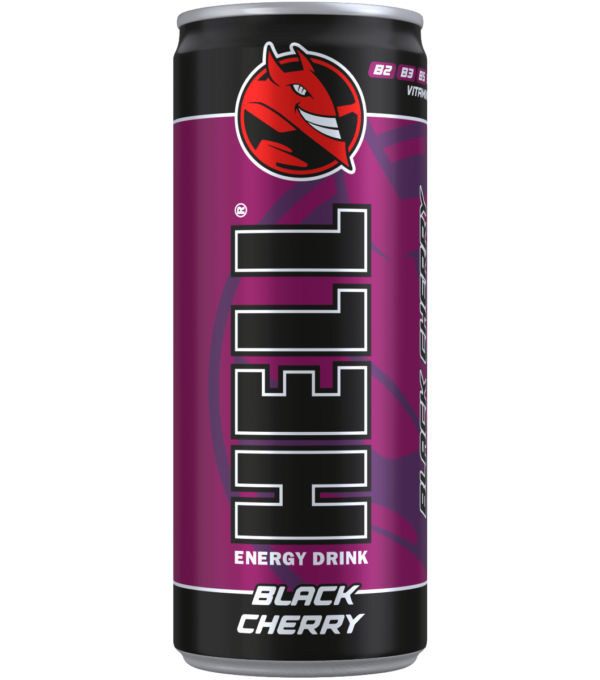 Hell Black Cherry Energy Drink 250ml can surrounded by the transparent background