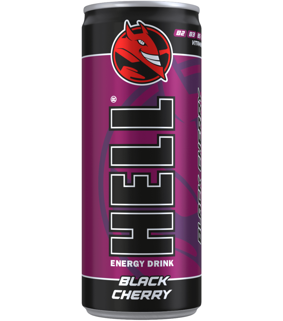 Hell Black Cherry Energy Drink 250ml can surrounded by the transparent background