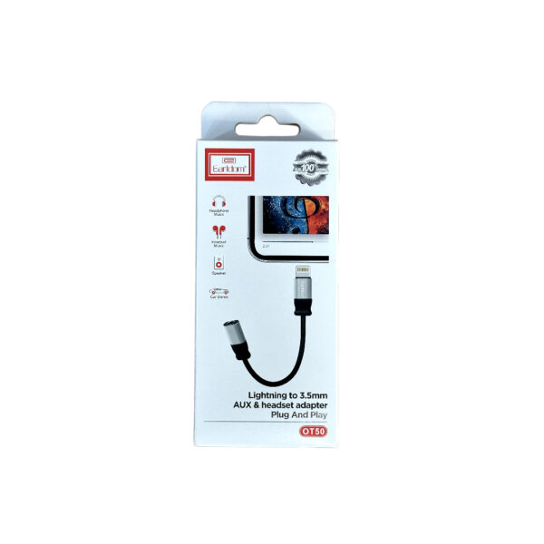 lightning to 3.5mm cable box standing in the center of the image against a white background.