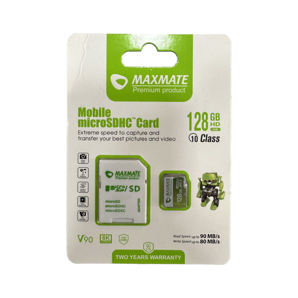 The maxmate mobile micro sd card of 129 gb packed in its box that include SD card itself and SD card reader.