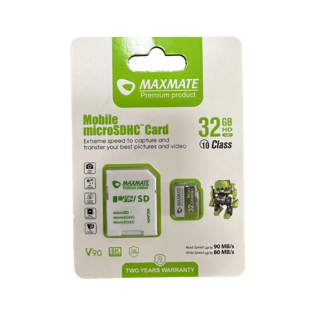 The maxmate mobile micro sd card of 32 gb packed in its box that include SD card itself and SD card reader.