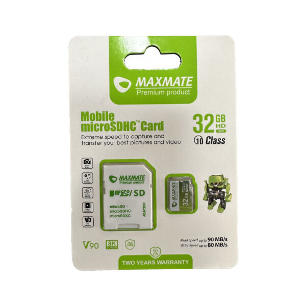 The maxmate mobile micro sd card of 32 gb packed in its box that include SD card itself and SD card reader.