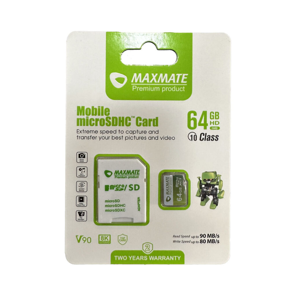 The maxmate mobile micro sd card of 64 gb packed in its box that include SD card itself and SD card reader.