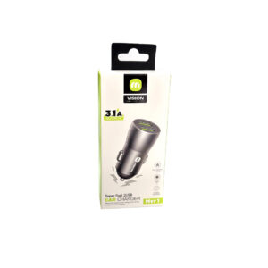 MVR1 Car Charger box standing in the center of the image surrounded by a white background.