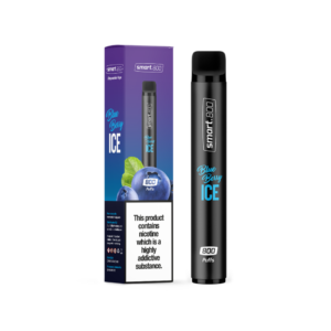 Smart 800 Blueberry Ice product and box standing in the center of the image surrounded by a white background.