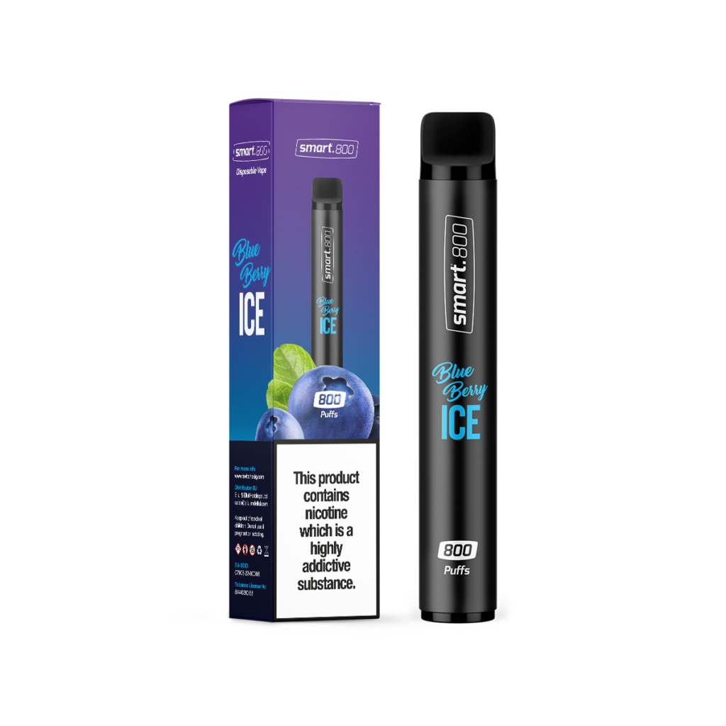 Smart 800 Blueberry Ice product and box standing in the center of the image surrounded by a white background.