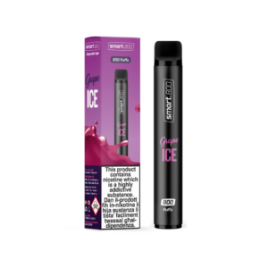 Smart 800 Grape Ice product and box standing vertically in the center of the photo against a transparent background.