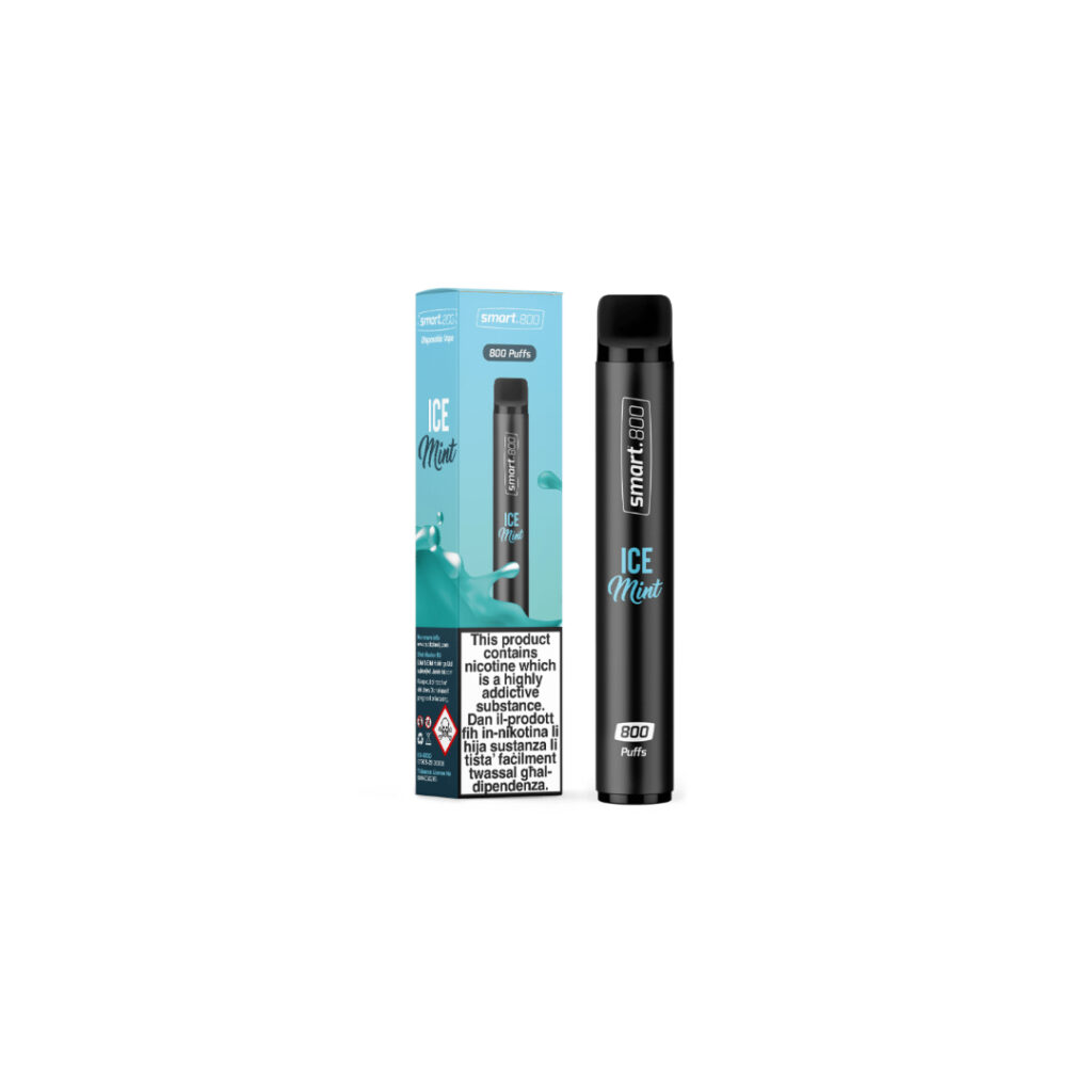 Smart 800 Ice Mint box and cigarette standing in the center of the image against a white background.
