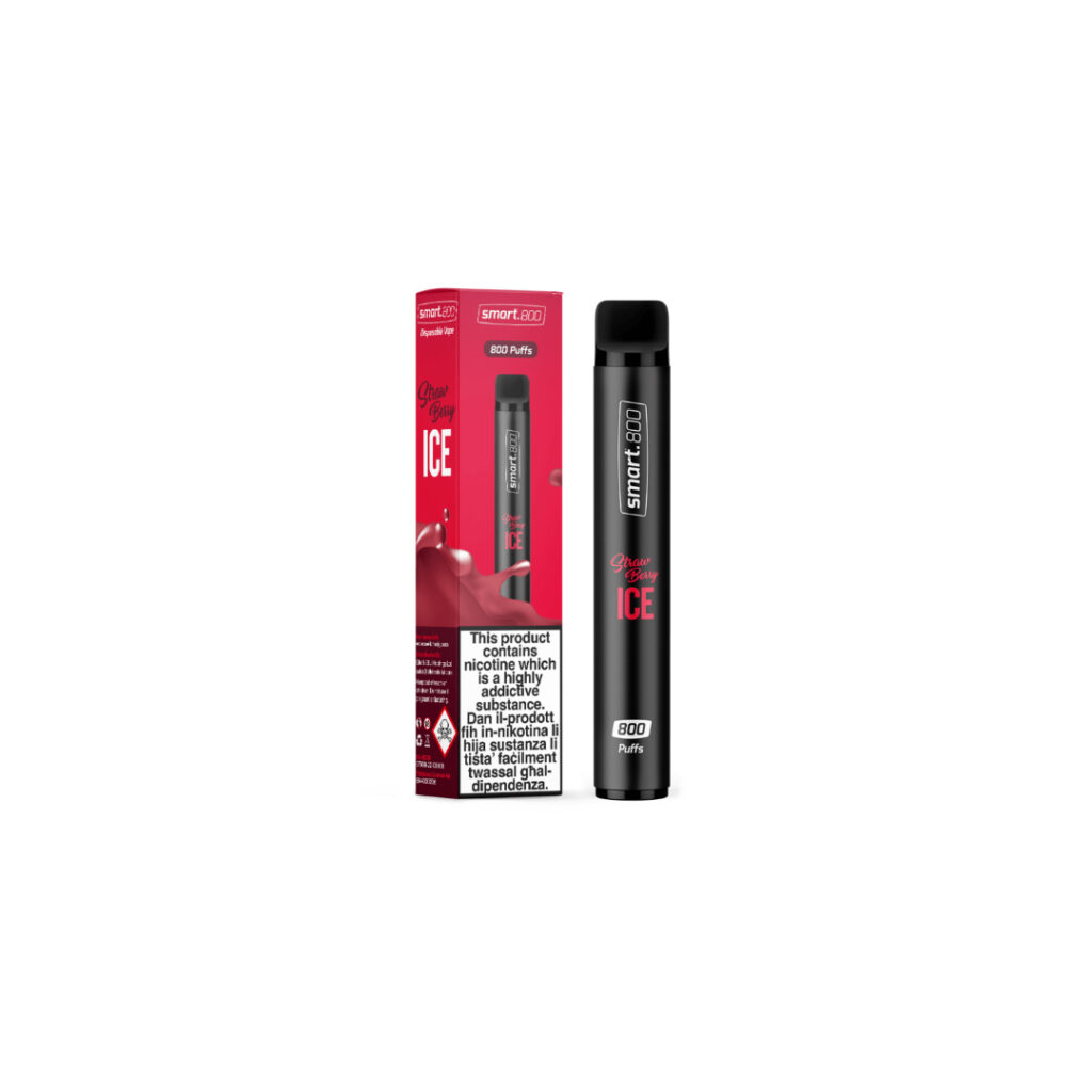 Smart 800 Strawberry Ice box and cigarette standing in the center of the image against a white background.