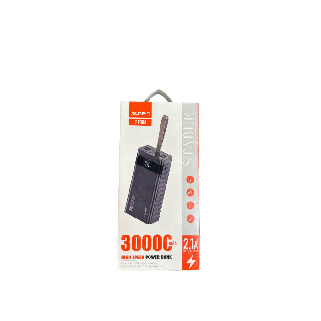 Sunpin 3000mAh Power Bank standing against a white background
