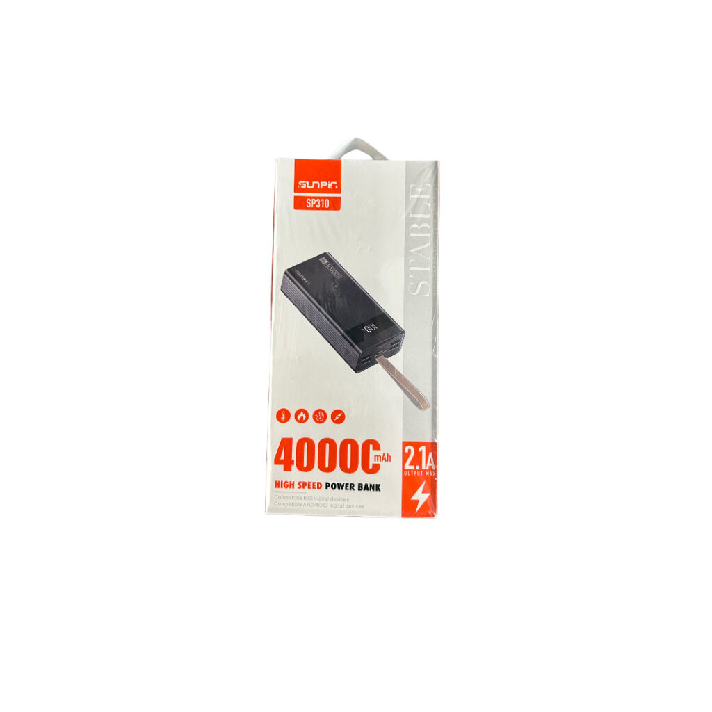 Sunpin 40000mAh Power Bank standing in the center against a white background.
