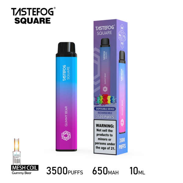 Tastefog Gummy Bear product and box standing in the center of the picture surrounded with a white background colour.