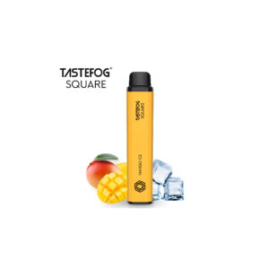 Tastefog Mango Ice cigarette, and ice cubes standing in the center of the image against a white background.
