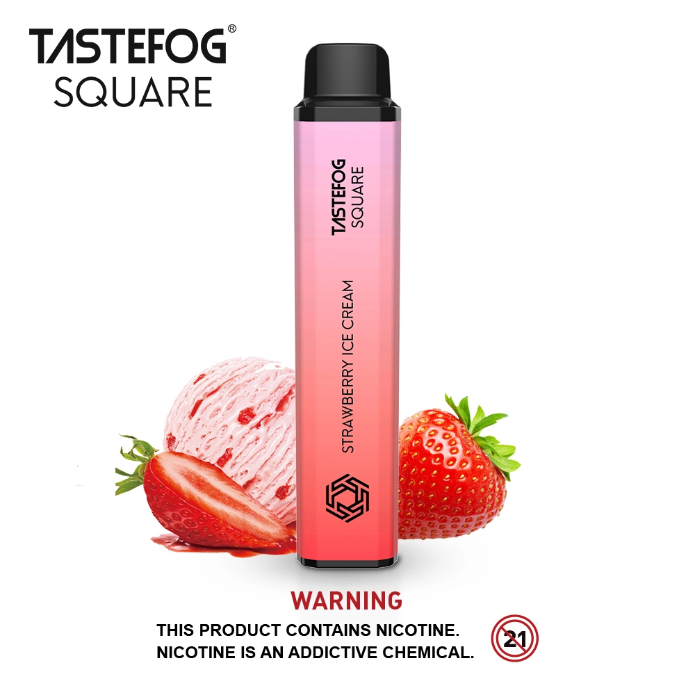 Tastefog Strawberry Ice Cream together with a strawberry on a bottom standing against white background.