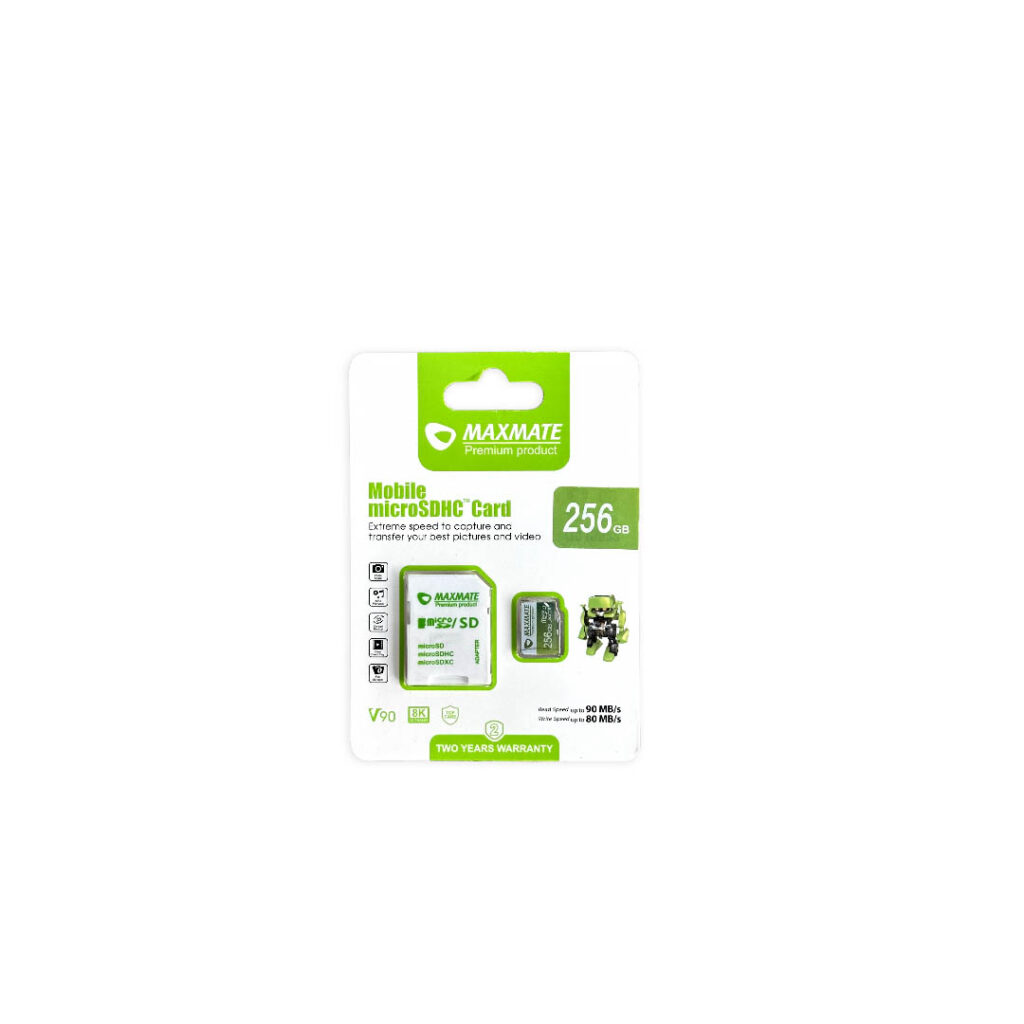 Tech Maxmate 256 gb box standing in the center of the photo surrounded by a white background.