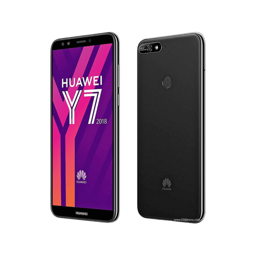 Huawei Y7 in black colour, shown for front and back side.