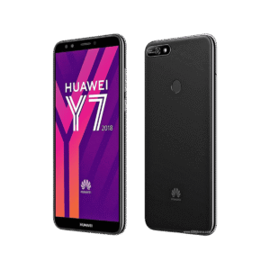 Huawei Y7 in black colour, shown for front and back side.