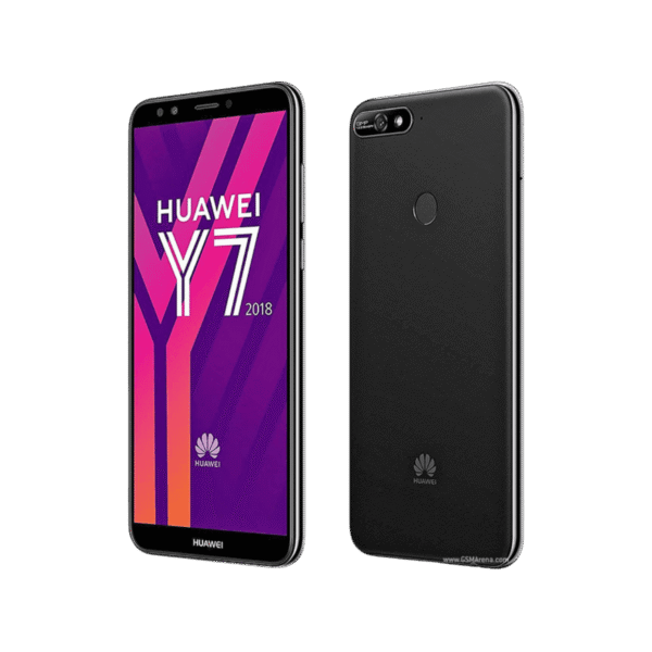 Huawei Y7 in black colour, shown for front and back side.