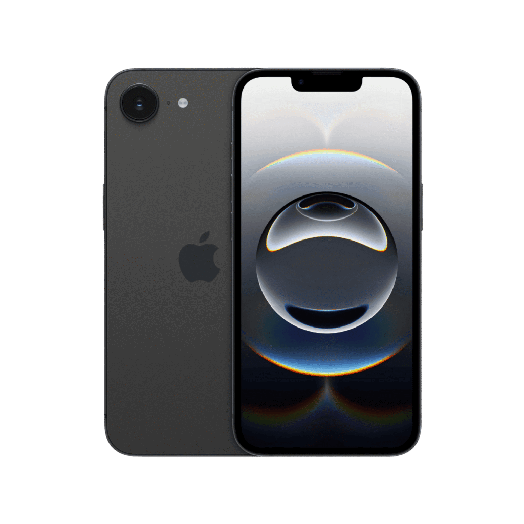 iPhone 16e standing in the center of the picture, seeing from both front and back side.