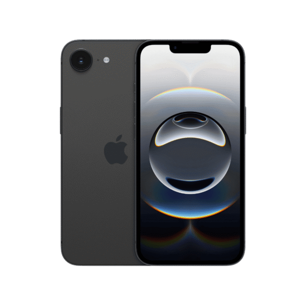 iPhone 16e standing in the center of the picture, seeing from both front and back side.