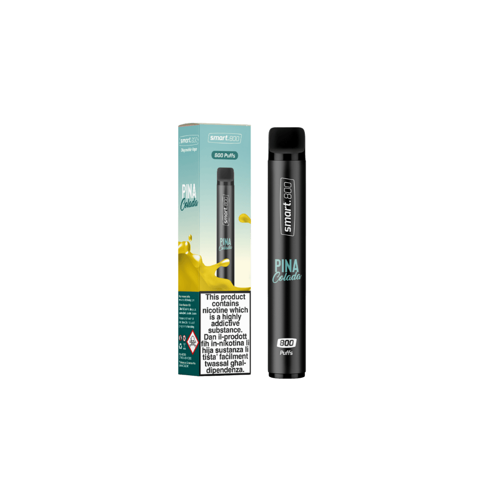 Pina Colada smart 800 cigarette box and cigarette standing in vertical position in the center of the photo