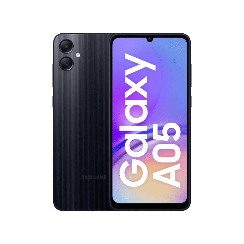 The Samsung Galaxy A05 standing in the center of the image
