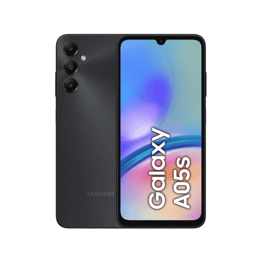 Samsung Galaxy A05s in black color, placed vertically in the center of the transparent background photo.