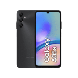 Samsung Galaxy A05s in black color, placed vertically in the center of the transparent background photo.