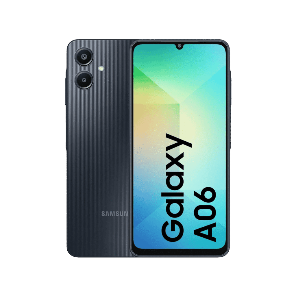 Samsung Galaxy A06 in a black colour, placed vertically.