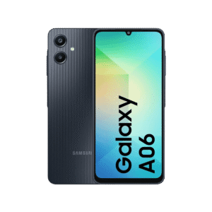 Samsung Galaxy A06 in a black colour, placed vertically.