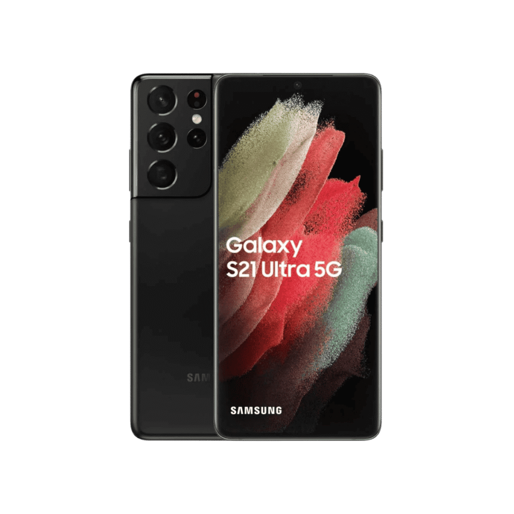Samsung Galaxy S21 Ultra, 5G in a black color, shown for frontal and back sides.