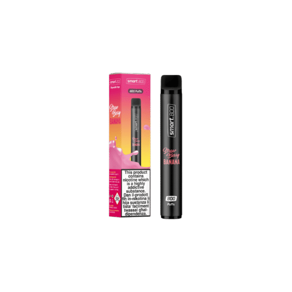 Strawberry banana smart 800 cigarette box and cigarette standing in vertical position in the center of the photo