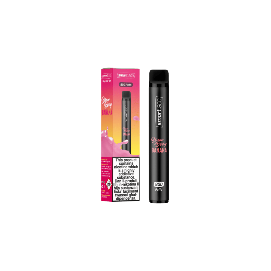 Strawberry banana smart 800 cigarette box and cigarette standing in vertical position in the center of the photo