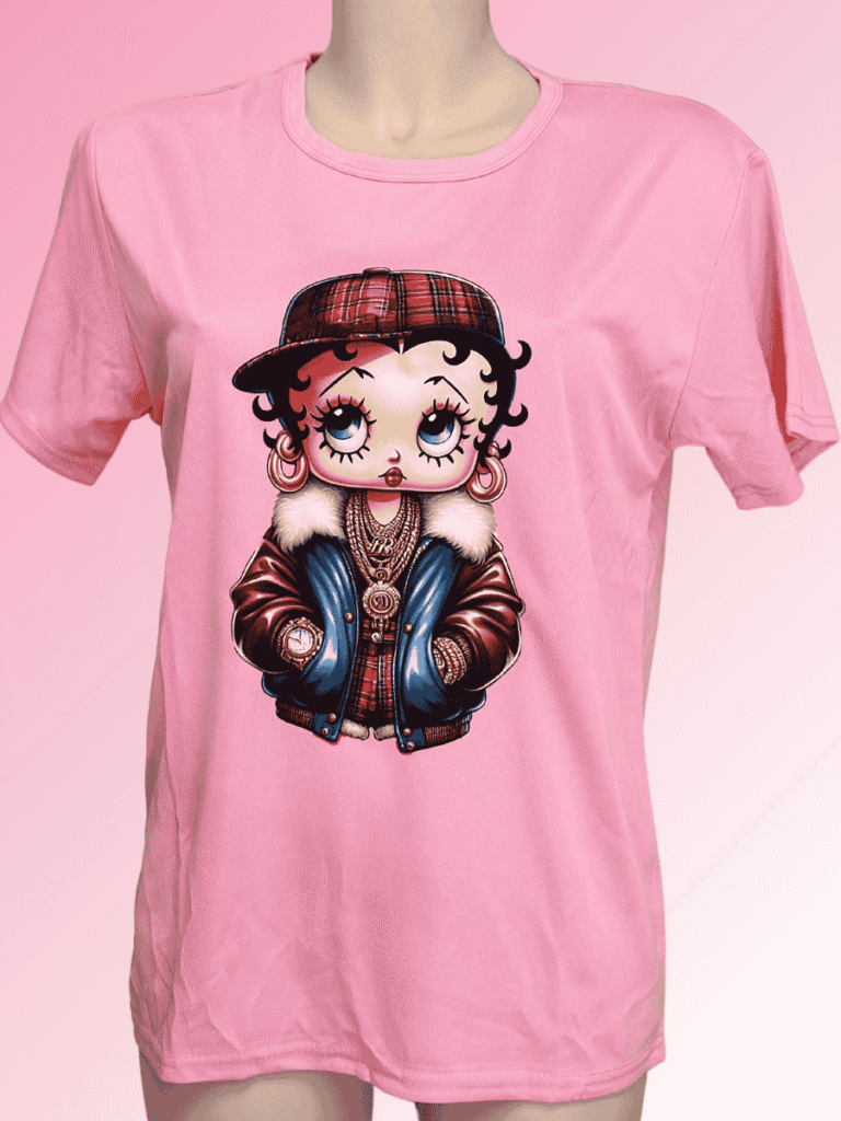female pink t-shirt with a betty boop in the center.