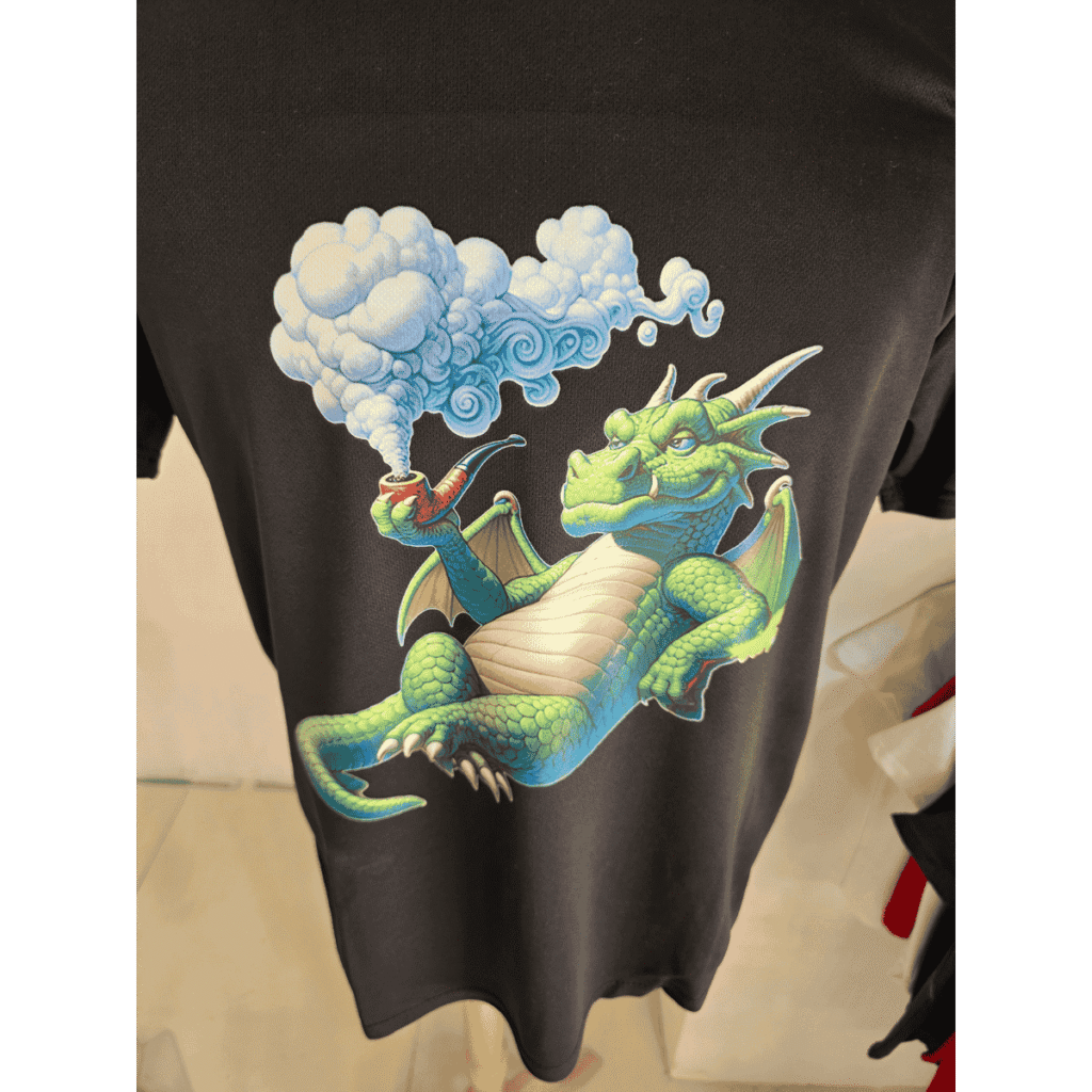 black t shirt with a green dragon on it smoking tobacco pipe.
