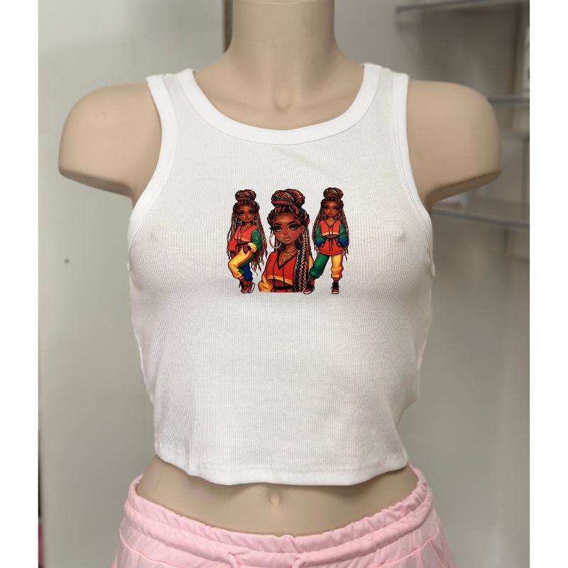 White colour female tank-top with 3 African women on it.