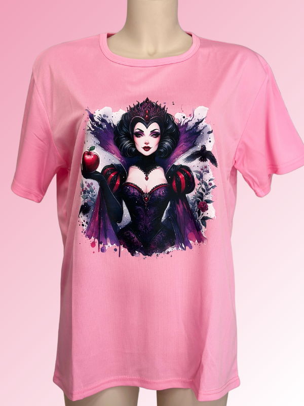 pink female t-shirt with a enchanters queen in the center, holding an apple.