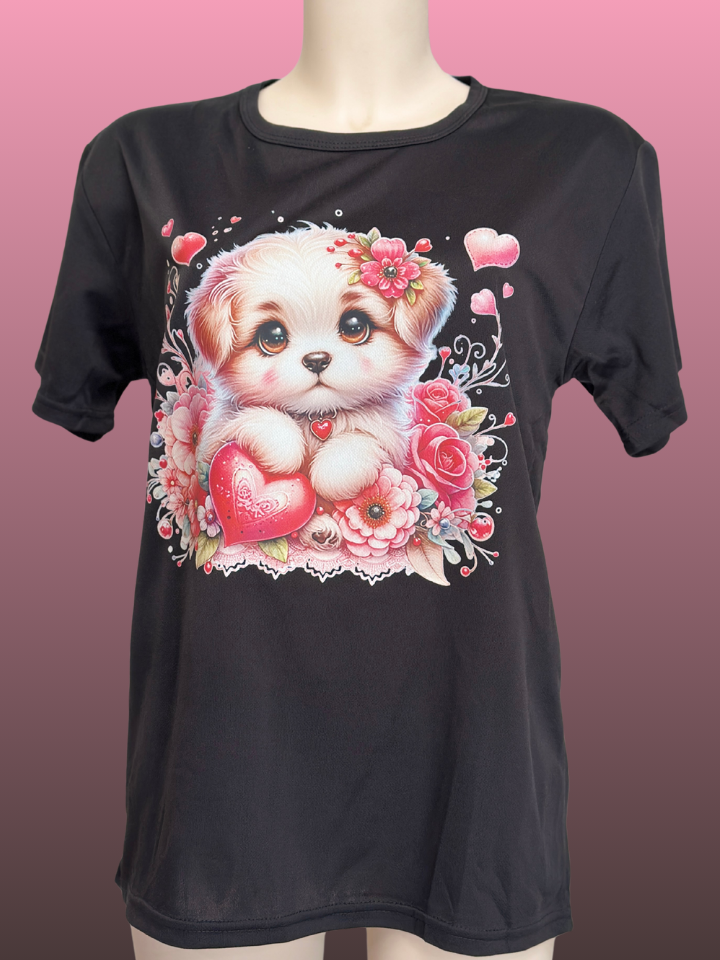 Female t-shirts with a small female puppy on it, surrounded by flowers.