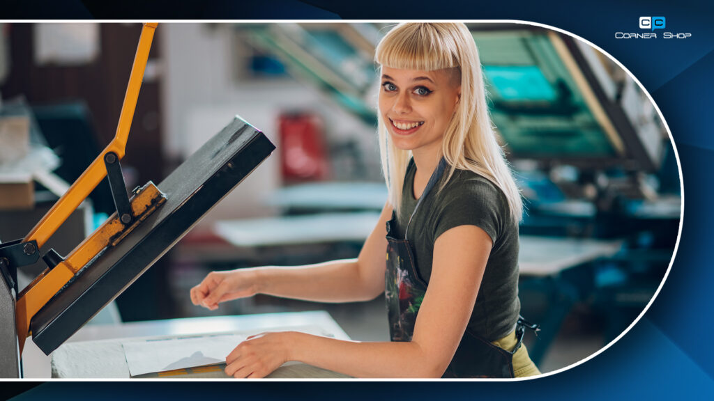 Blond beautiful woman custom print design on printing machine